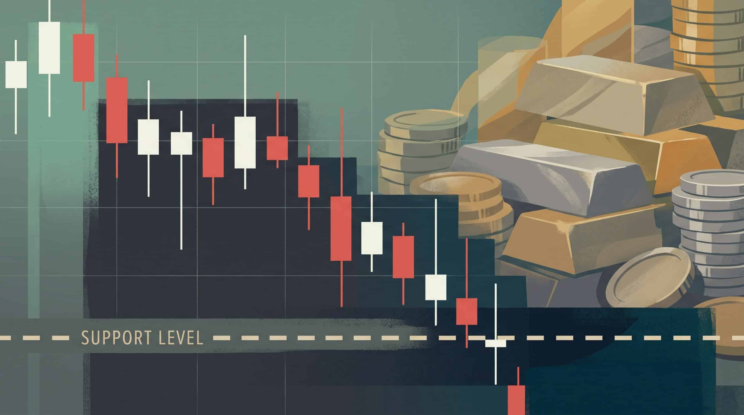 Illustration of a declining bitcoin price chart nearing a key support level while gold and silver bars rise in the background
