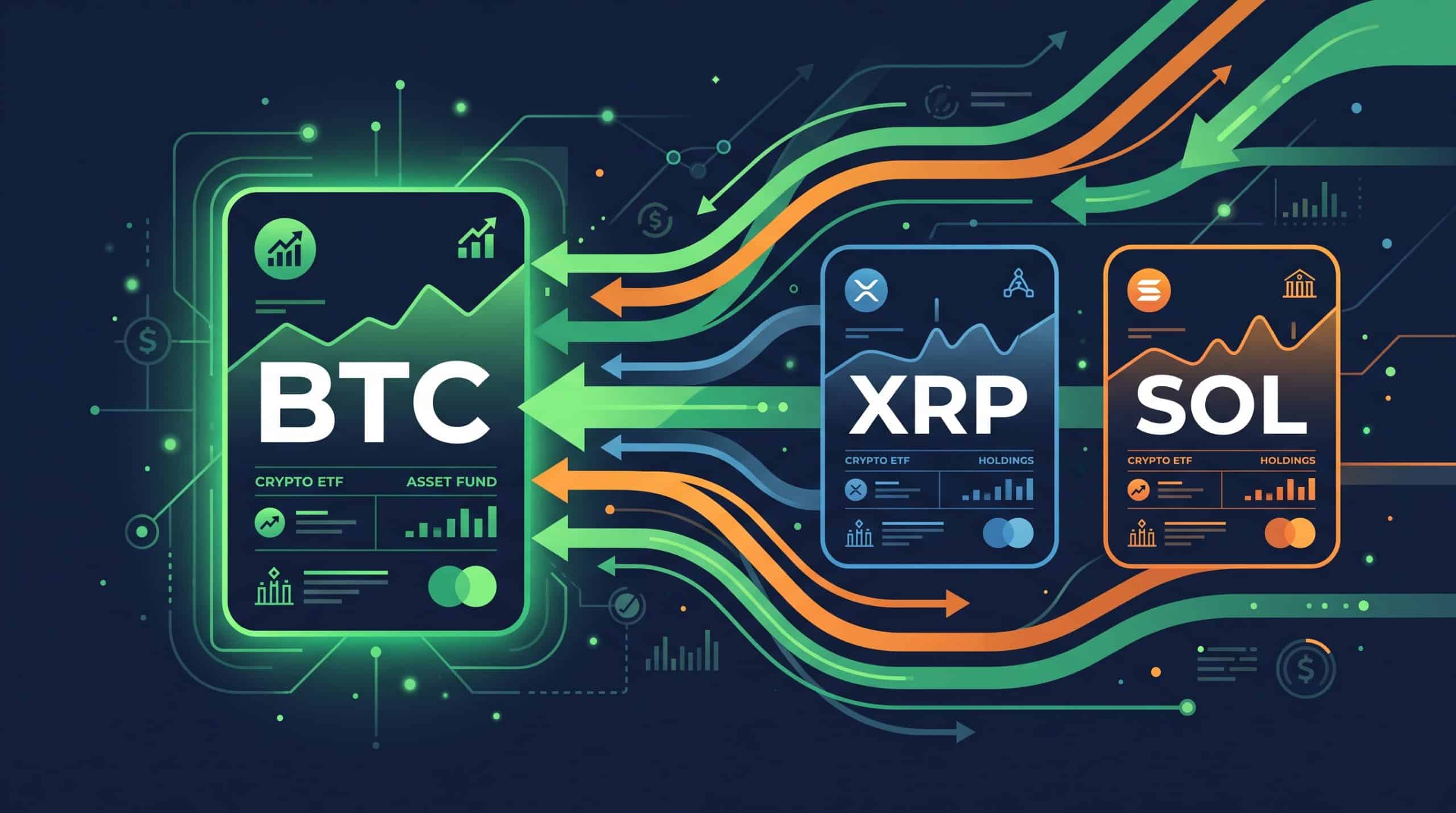 Illustration of investment inflows moving into Bitcoin, XRP and Solana exchange-traded funds
