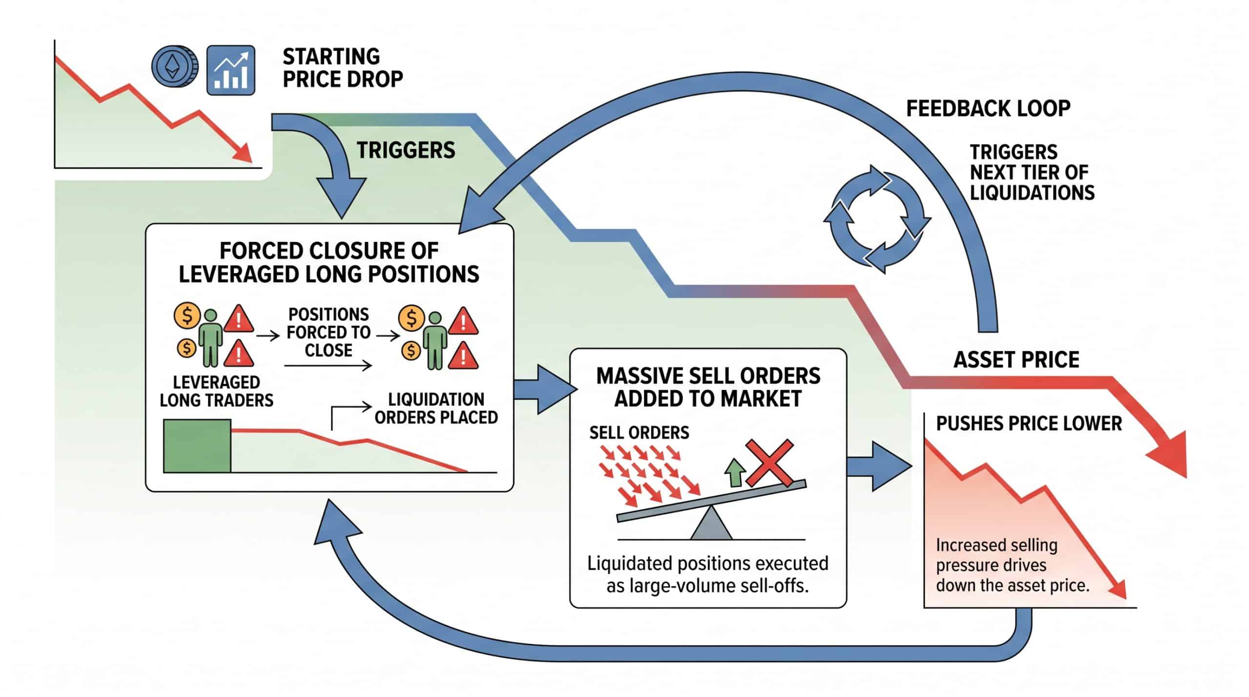 Diagram showing how a falling crypto price forces leveraged long positions to close, adding sell pressure that deepens the decline in a feedback loop.