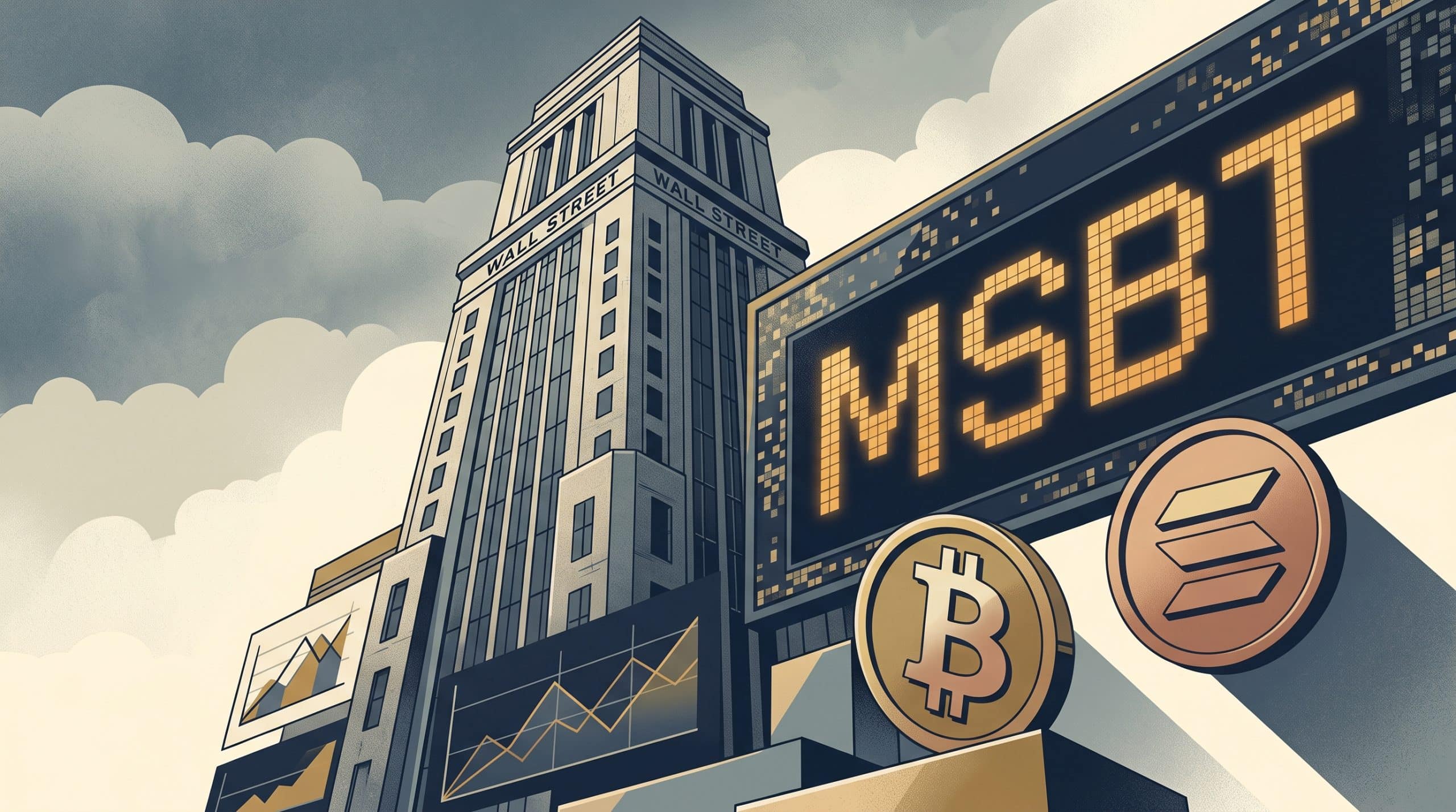 Illustration of a Wall Street bank tower with a ticker board showing MSBT beside bitcoin and solana symbols