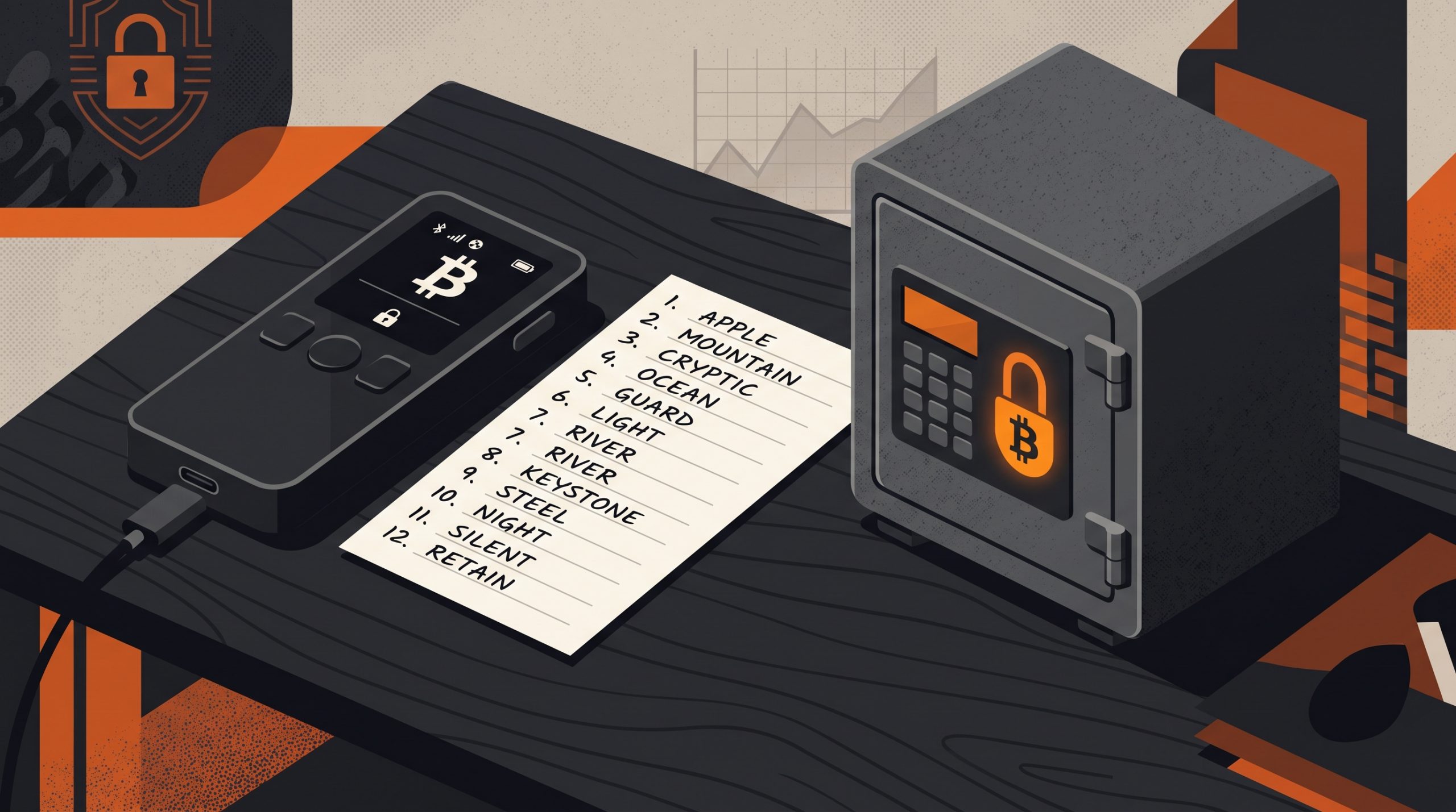 Hardware wallet and seed phrase card next to a small safe, representing offline bitcoin cold storage
